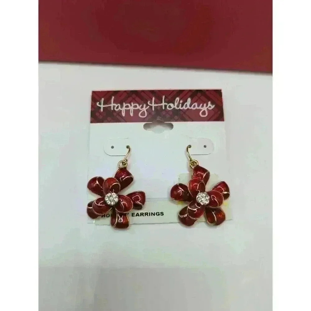 NWT BonTon Red Enamel Goldtone Flower Earrings Rhinestone Holiday USA Made